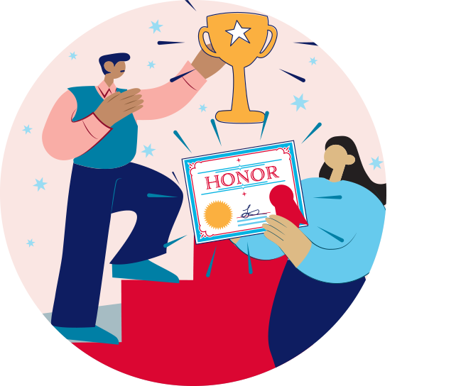 Graphic of person holding an award certificate and a person holding an award piece