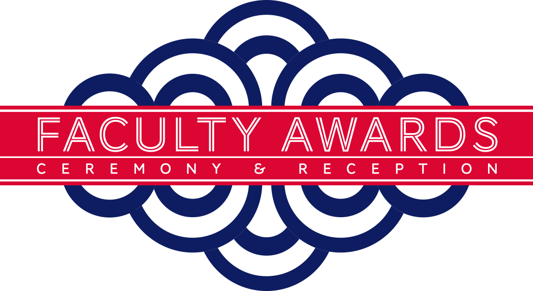 A red and blue graphic with text reading Faculty Awards Ceremony and Reception